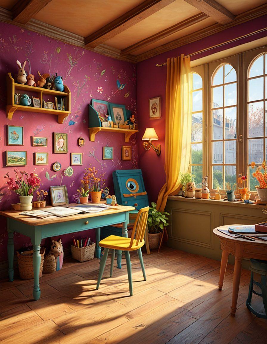 An enchanting scene of a whimsical animation studio filled with colorful characters coming to life, children joyfully interacting with animated creatures, vibrant sketches scattered around, a playful atmosphere igniting creativity and laughter. Filled with imaginative elements and a sense of wonder. super-realistic. vibrant colors. 3D.