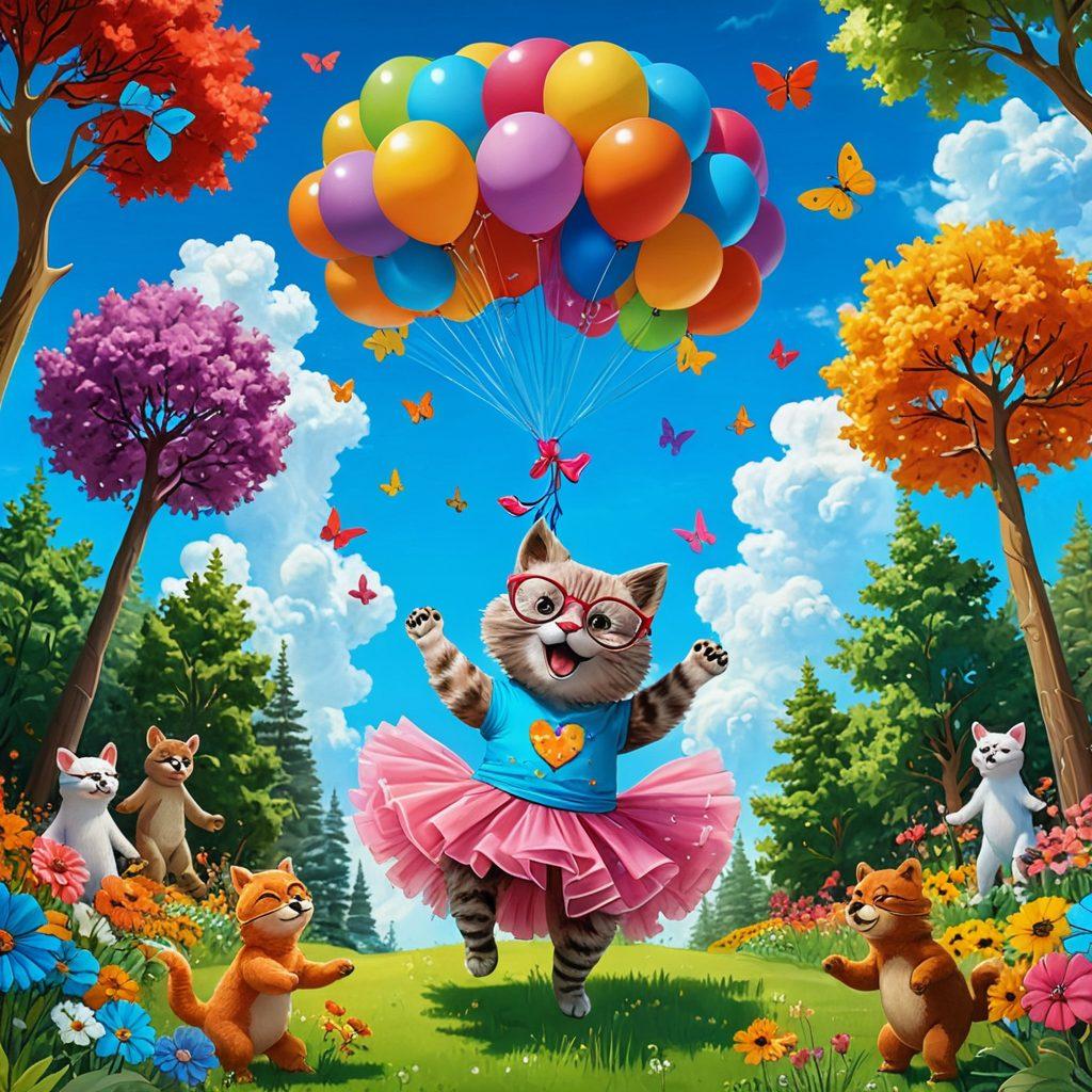 A fantastical scene featuring cheerful, quirky characters with exaggerated features, including a playful cat wearing glasses and a dancing bear in a colorful tutu. They are surrounded by vibrant flowers and whimsical trees, set against a bright blue sky full of fluffy clouds. The characters should radiate joy and positivity, enticing viewers to explore their enchanting world. cartoon style. vibrant colors. cheerful atmosphere.